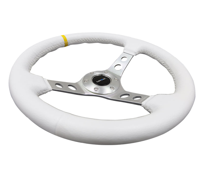 NRG Reinforced Steering Wheel (350mm / 3in. Deep) Wht Leather w/Silver Spoke & Single Yellow Mark NRG Steering Wheels