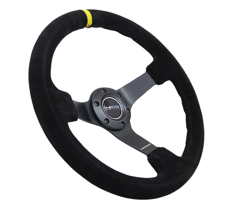 NRG Reinforced Steering Wheel (350mm / 3in. Deep) Blk Suede/X-Stitch w/5mm Blk Spoke & Yellow CM NRG Steering Wheels