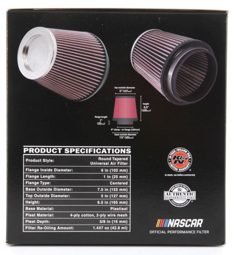 K&N Round Tapered Universal Air Filter 6in Flange ID x 7.5in Base OD x 5in Top OD x 6.5in Height K&N Engineering Air Filters - Universal Fit