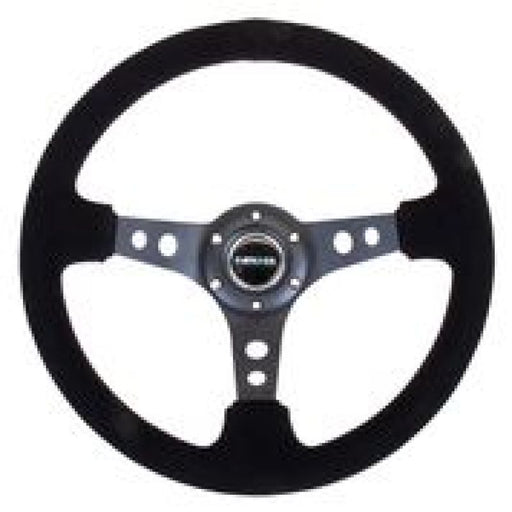 NRG Reinforced Steering Wheel (350mm / 3in. Deep) Blk Suede/Blk Stitch w/Black Circle Cutout Spokes NRG Steering Wheels