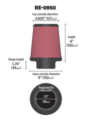 K&N Universal Rubber Filter 3 1/2inch ID FLG / 6inch Base / 4-5/8inch Top / 6inch Height K&N Engineering Air Filters - Universal Fit