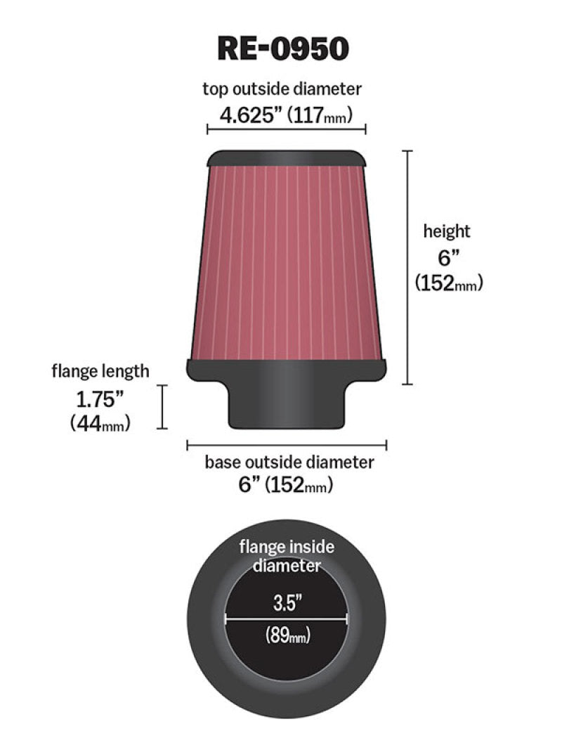 K&N Universal Rubber Filter 3 1/2inch ID FLG / 6inch Base / 4-5/8inch Top / 6inch Height K&N Engineering Air Filters - Universal Fit