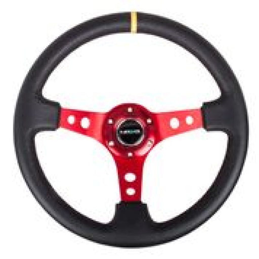 NRG Reinforced Steering Wheel (350mm / 3in. Deep) Blk Leather w/Red Spokes & Sgl Yellow Center Mark NRG Steering Wheels