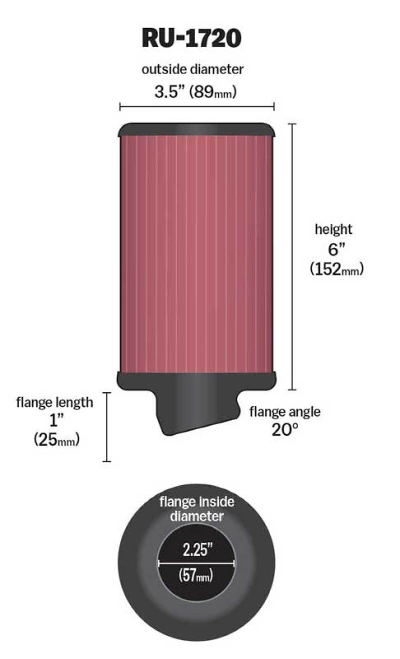 K&N Filter Universal Rubber Round Air Filter 20 Deg Flange Angle 2.25in Flange ID x 3.5in OD x 6in H K&N Engineering Air Filters - Universal Fit