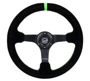 NRG Reinforced Steering Wheel 350mm/3in. Deep Blk Suede/ Neon Green Stitch w/5mm Matte Black Spoke NRG Steering Wheels