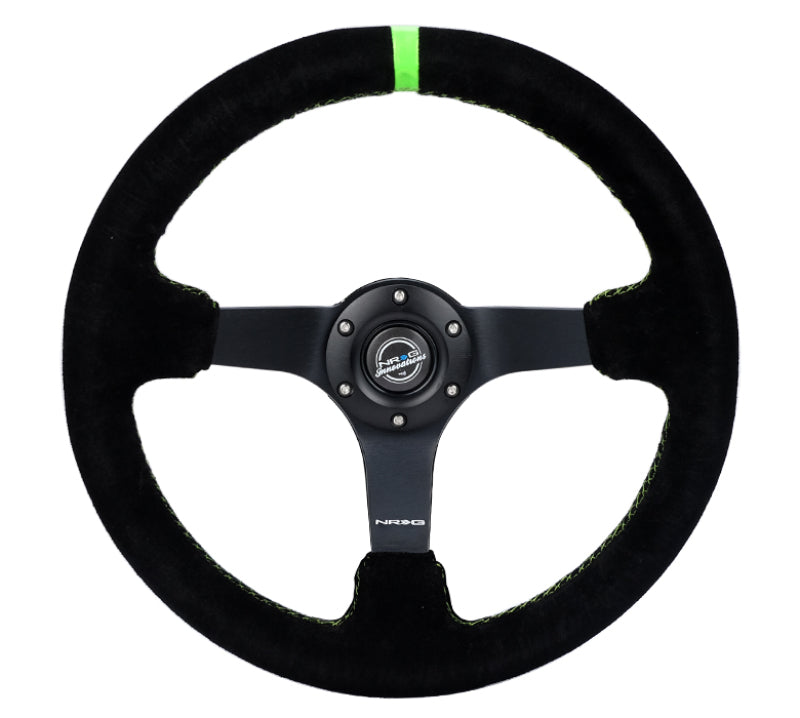 NRG Reinforced Steering Wheel 350mm/3in. Deep Blk Suede/ Neon Green Stitch w/5mm Matte Black Spoke NRG Steering Wheels