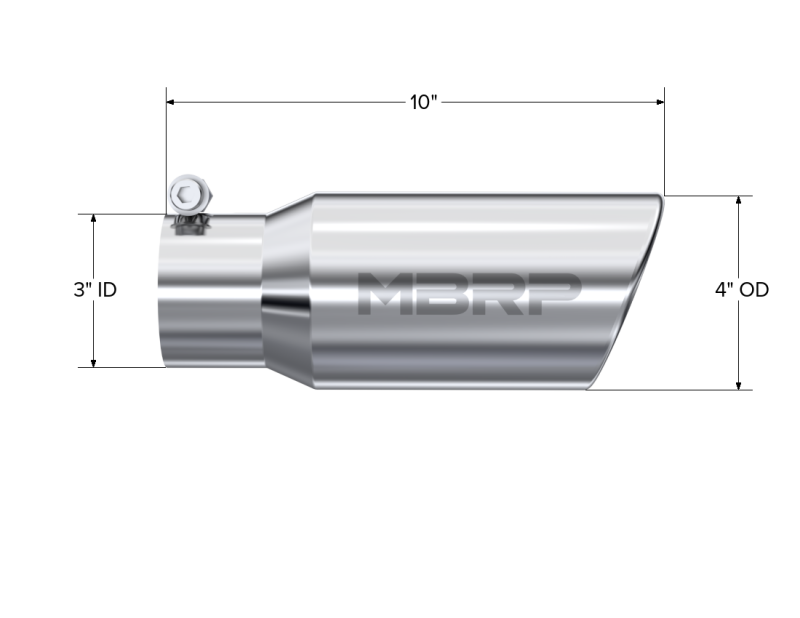 MBRP Universal Tip 4in OD 3in Inlet 10in Length Angled Rolled End T304 MBRP Steel Tubing