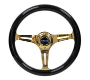 NRG Classic Wood Grain Steering Wheel (350mm) Black Grip w/Chrome Gold 3-Spoke Center NRG Steering Wheels