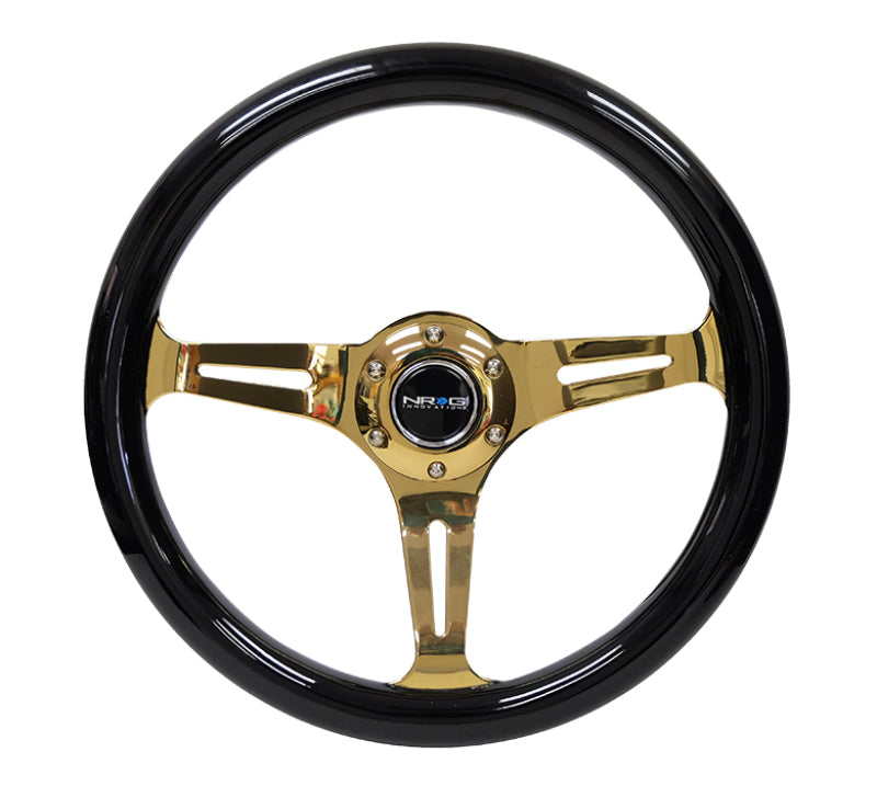 NRG Classic Wood Grain Steering Wheel (350mm) Black Grip w/Chrome Gold 3-Spoke Center NRG Steering Wheels