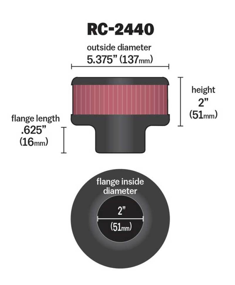 K&N Universal Round Clamp-On Air Filter 2in. Flange / 5-3/8in. OD / 2in. Height K&N Engineering Air Filters - Universal Fit