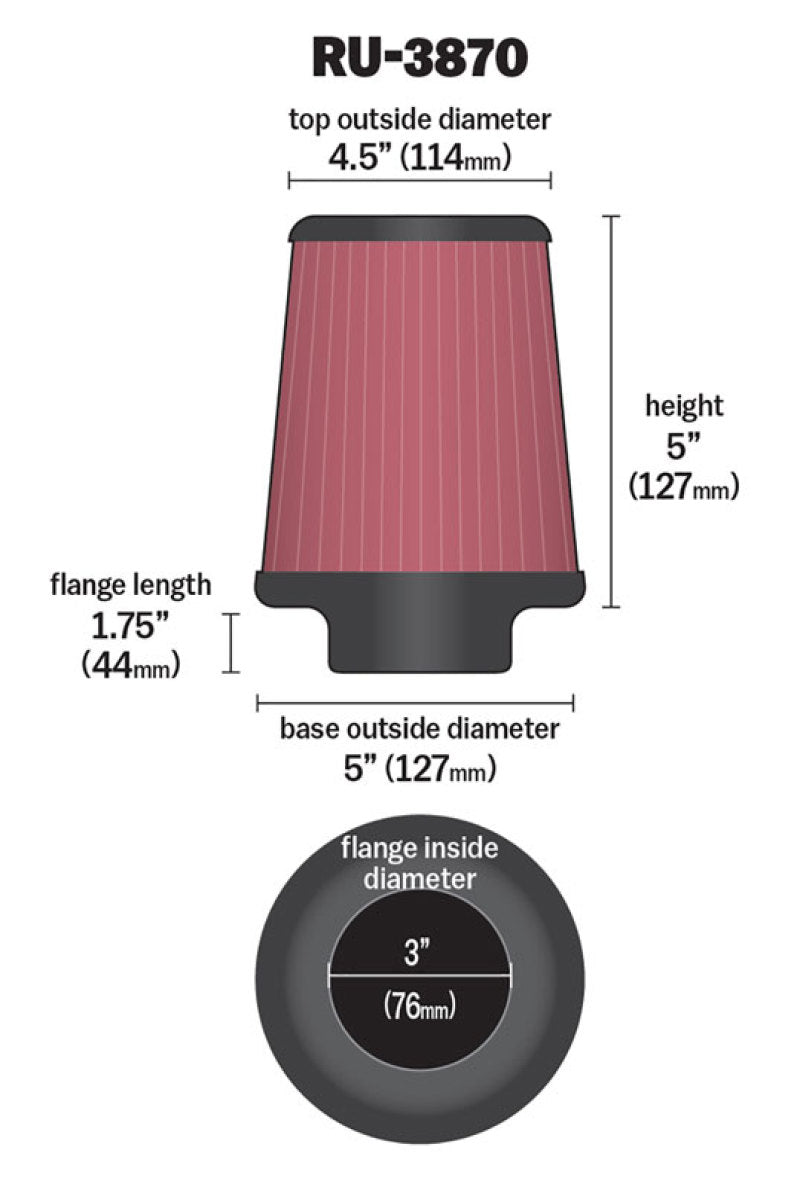 K&N Universal Clamp-On Air Filter 3in FLG / 5in B / 4-1/2in T / 5in H K&N Engineering Air Filters - Universal Fit