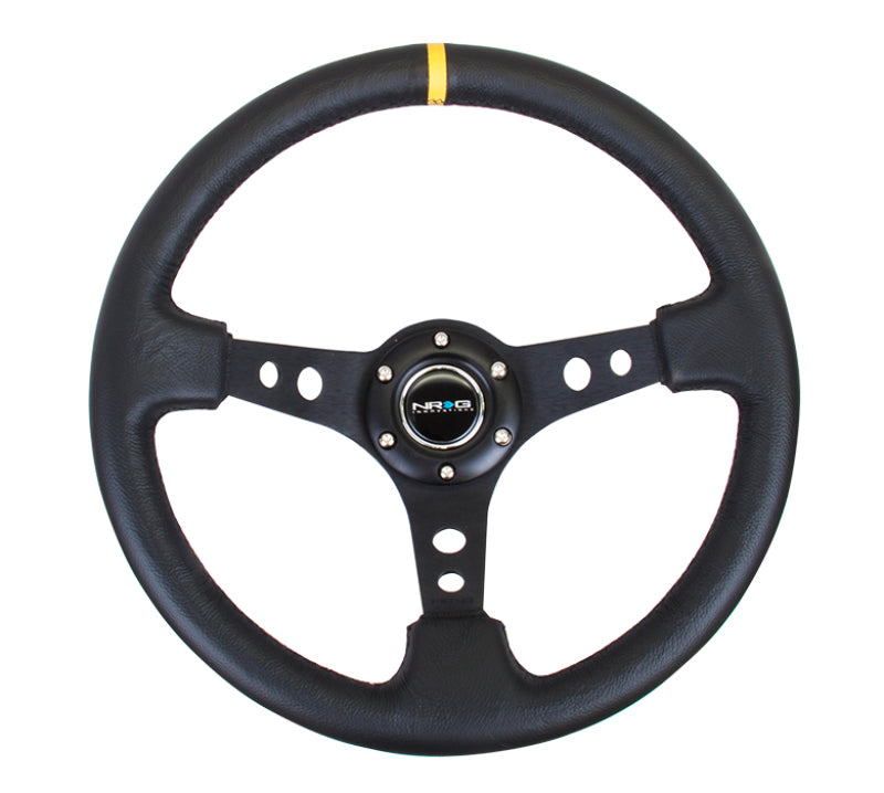 NRG Reinforced Steering Wheel (350mm / 3in. Deep) Blk Leather w/Blk Cutout Spoke/Yellow Center Mark NRG Steering Wheels