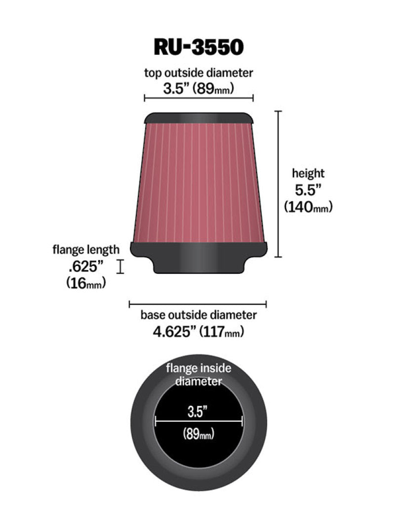K&N Universal Rubber Filter 3 1/2 inch FLG / 4 5/8 inch Base / 3-1/2 inch Top / 5 1/2 inch Height K&N Engineering Air Filters - Universal Fit