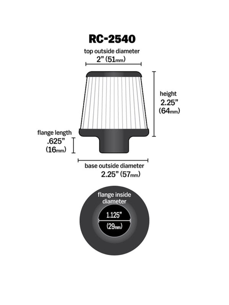 K&N Universal Chrome Filter 1 1/8 inch FLG / 2 1/4 inch Bottom / 2 inch Top / 2.5 inch Height K&N Engineering Air Filters - Universal Fit