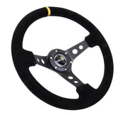 NRG Reinforced Steering Wheel (350mm / 3in. Deep) Blk Suede w/Circle Cut Spokes & Single Yellow CM NRG Steering Wheels