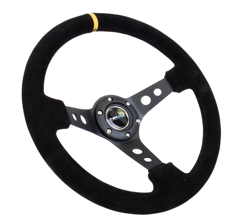 NRG Reinforced Steering Wheel (350mm / 3in. Deep) Blk Suede w/Circle Cut Spokes & Single Yellow CM NRG Steering Wheels