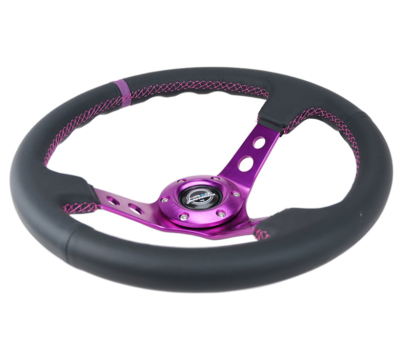 NRG Reinforced Steering Wheel (350mm / 3in. Deep) Black Leather w/Purple Center & Purple Stitching NRG Steering Wheels