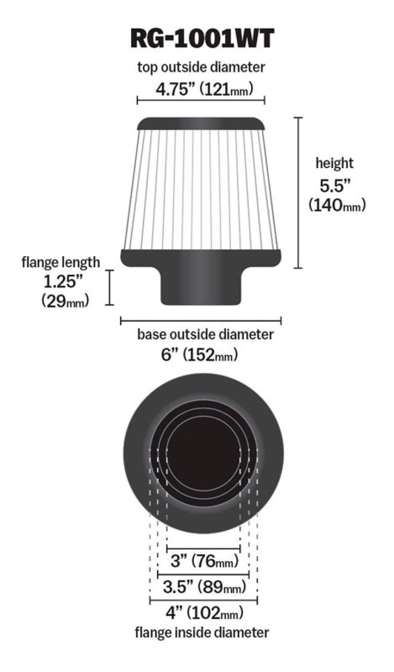 K&N Universal Filter Chrome Round Tapered White - 4in Flange ID x 1.125in Flange Length x 5.5in H K&N Engineering Air Filters - Universal Fit