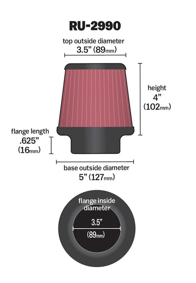 K&N Filter Universal Rubber Filter 3 1/2 inch Flange 5 inch Base 3 1/2 inch Top 4 inch Height K&N Engineering Air Filters - Universal Fit