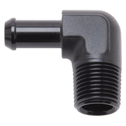 Edelbrock Hose End 90-Deg 1/2In NPT to 3/8In Barb Black Anodize Edelbrock Fittings