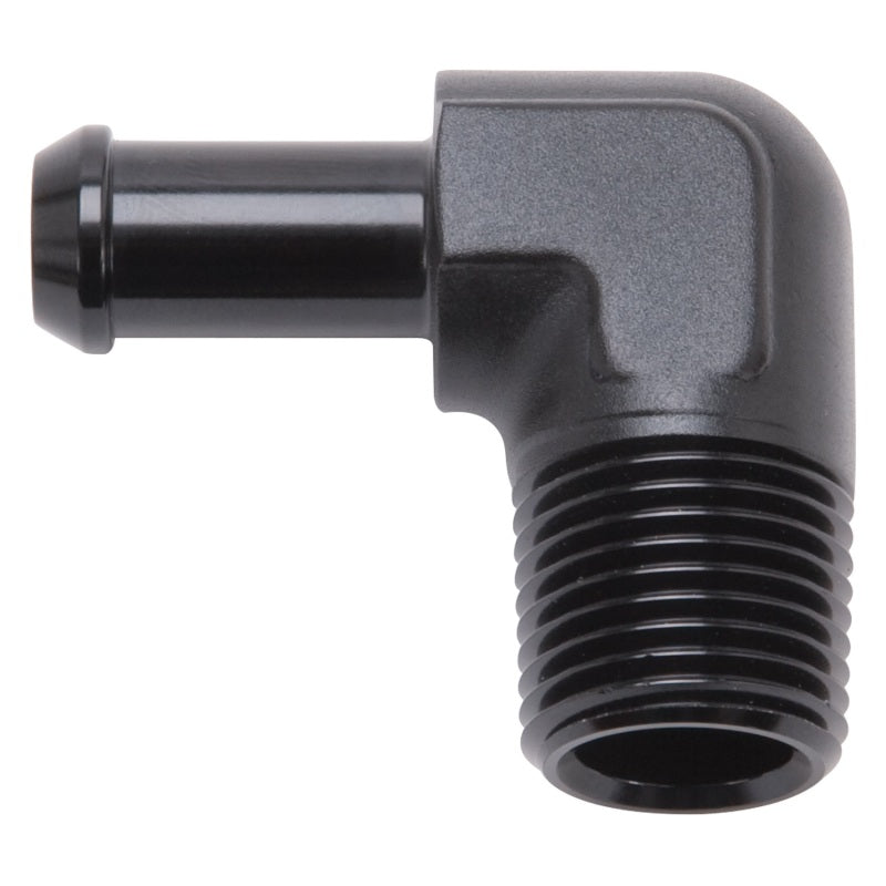 Edelbrock Hose End 90-Deg 1/2In NPT to 3/8In Barb Black Anodize Edelbrock Fittings