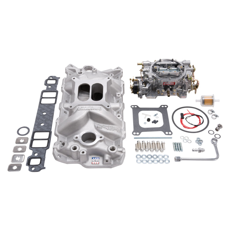Edelbrock Manifold And Carb Kit Performer Eps Small Block Chevrolet 1957-1986 Natural Finish Edelbrock Intake Manifolds