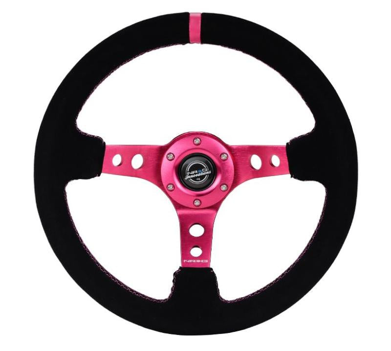 NRG Reinforced Steering Wheel (350mm/ 3in. Deep) Black Suede/ Fushia Center Mark/ Fushia Stitching NRG Steering Wheels
