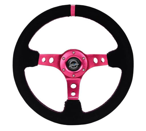 NRG Reinforced Steering Wheel (350mm/ 3in. Deep) Black Suede/ Fushia Center Mark/ Fushia Stitching NRG Steering Wheels