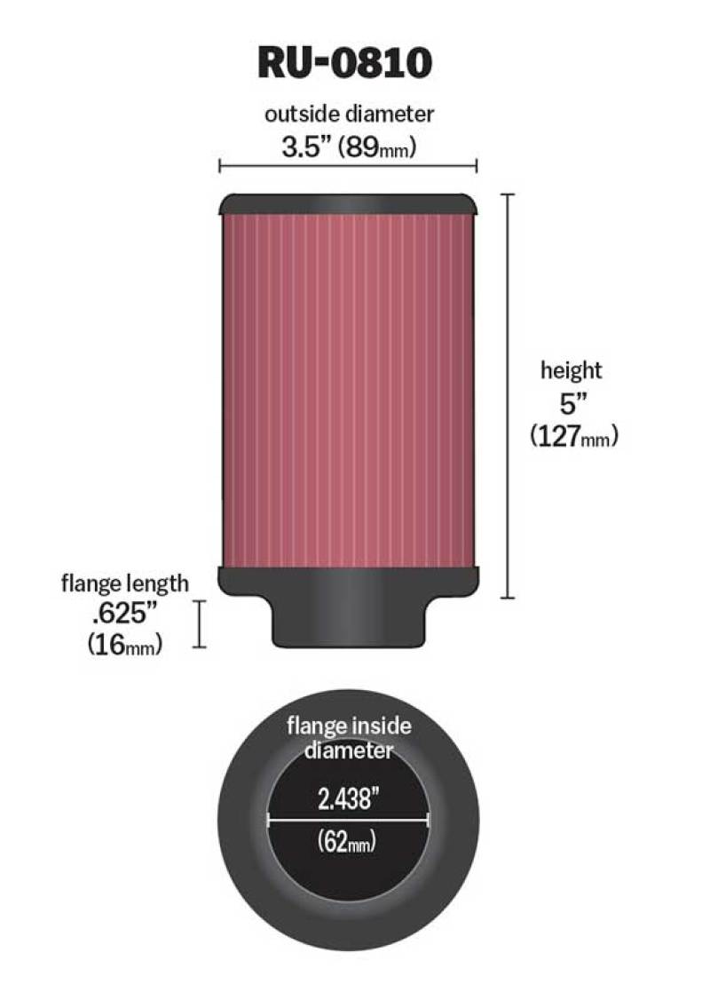 K&N Universal Rubber Filter 2.438in Flange ID x 3.5in OD x 5in Height for 97-98 Yamaha TDM850 K&N Engineering Air Filters - Universal Fit