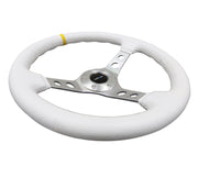 NRG Reinforced Steering Wheel (350mm / 3in. Deep) Wht Leather w/Silver Spoke & Single Yellow Mark NRG Steering Wheels