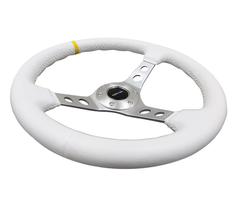 NRG Reinforced Steering Wheel (350mm / 3in. Deep) Wht Leather w/Silver Spoke & Single Yellow Mark NRG Steering Wheels