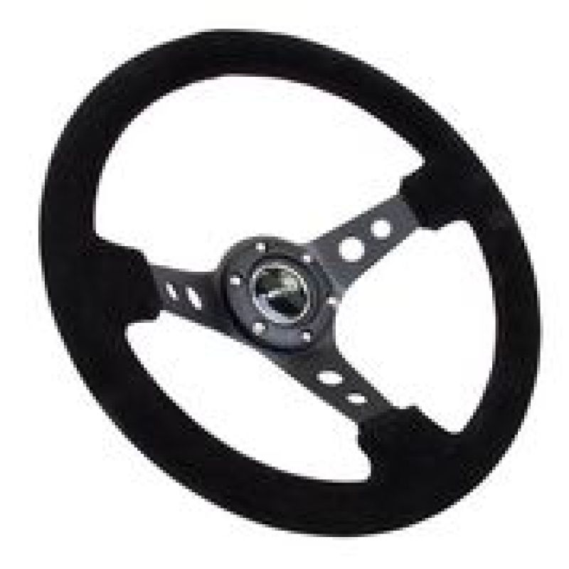 NRG Reinforced Steering Wheel (350mm / 3in. Deep) Blk Suede/Blk Stitch w/Black Circle Cutout Spokes NRG Steering Wheels