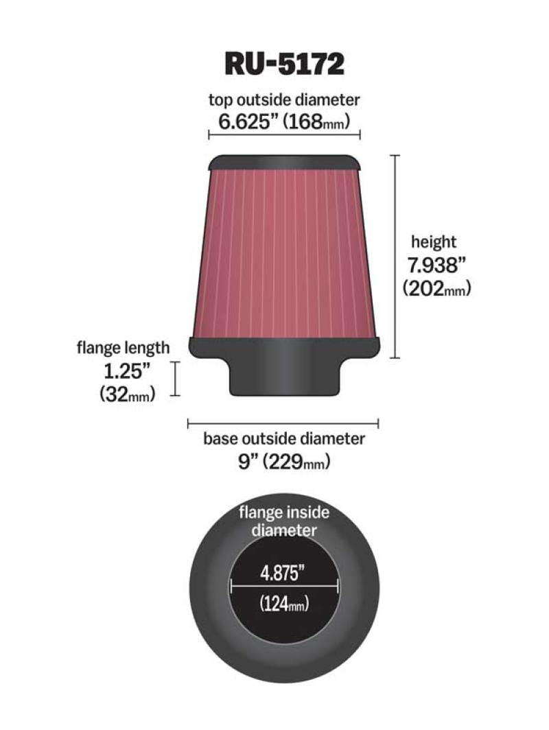 K&N Universal Rubber Filter-Round Tprd 4.875in Flange ID x 9in Base OD x 6.625in Top OD x 7.938in H K&N Engineering Air Filters - Universal Fit