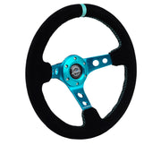 NRG Reinforced Steering Wheel (350mm/ 3in. Deep) Black Suede/ Teal Center Mark/ Teal Stitching NRG Steering Wheels