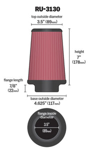 K&N Filter Universal Rubber Filter 3 1/2 inch Flange 4 5/8 inch Base 3 1/2 inch Top 7 inch Height K&N Engineering Air Filters - Universal Fit