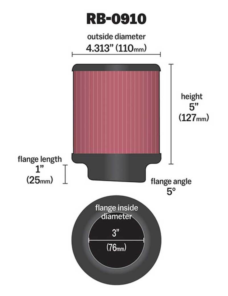 K&N Universal Rubber Filter 3 inch 5 Degree FLG 4 1/2 inch OD 5 inch Height K&N Engineering Air Filters - Universal Fit