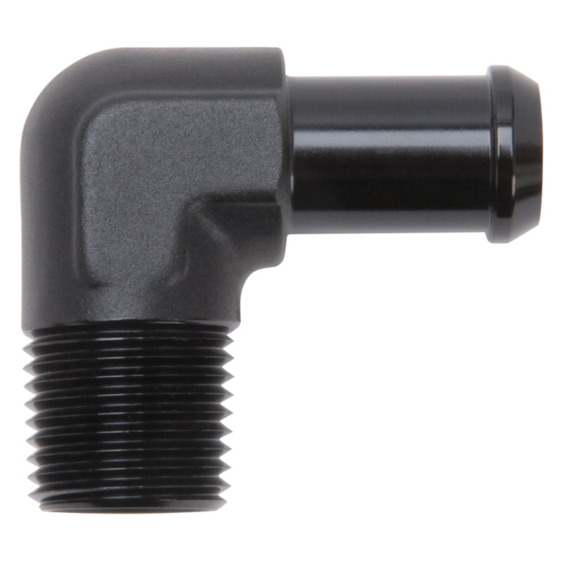 Edelbrock Hose End 90-Deg 1/2In NPT to 5/8In Barb Black Anodize Edelbrock Fittings