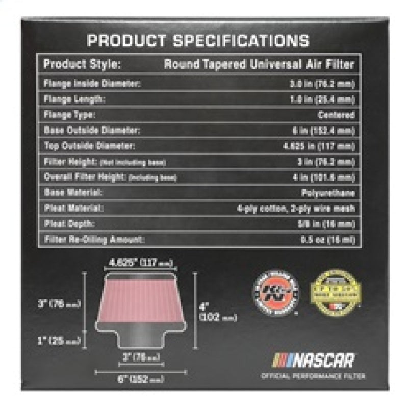 K&N Universal Round Clamp-On Air Filter 3in Flange ID x 6in Base OD x 4.625in Top OD x 3in Height K&N Engineering Air Filters - Universal Fit