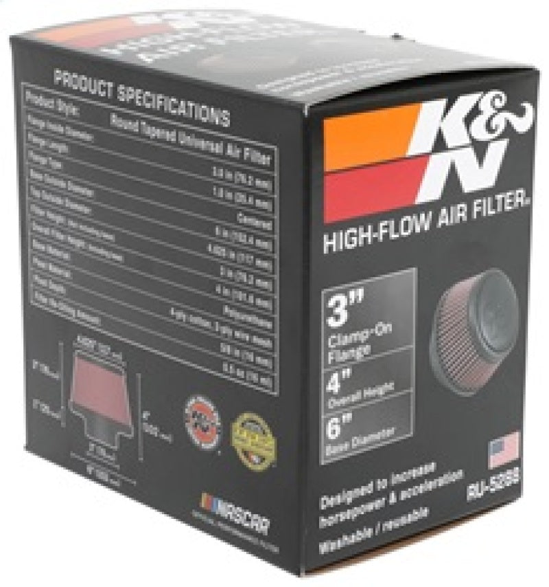 K&N Universal Round Clamp-On Air Filter 3in Flange ID x 6in Base OD x 4.625in Top OD x 3in Height K&N Engineering Air Filters - Universal Fit