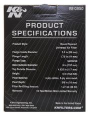K&N Universal Rubber Filter 3 1/2inch ID FLG / 6inch Base / 4-5/8inch Top / 6inch Height K&N Engineering Air Filters - Universal Fit