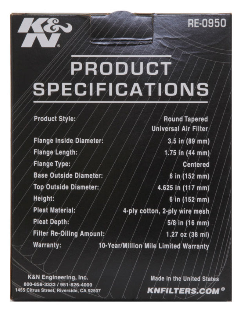 K&N Universal Rubber Filter 3 1/2inch ID FLG / 6inch Base / 4-5/8inch Top / 6inch Height K&N Engineering Air Filters - Universal Fit