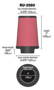 K&N Filter Universal Rubber Filter 4 inch Flange 5 3/8 inch Base 4 3/8 inch Top 7 inch Height K&N Engineering Air Filters - Universal Fit