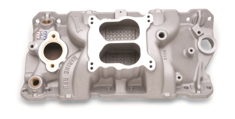 Edelbrock Manifold SBC 23-Degree Marine RPM 1955-1986 w/ Brass Edelbrock Intake Manifolds