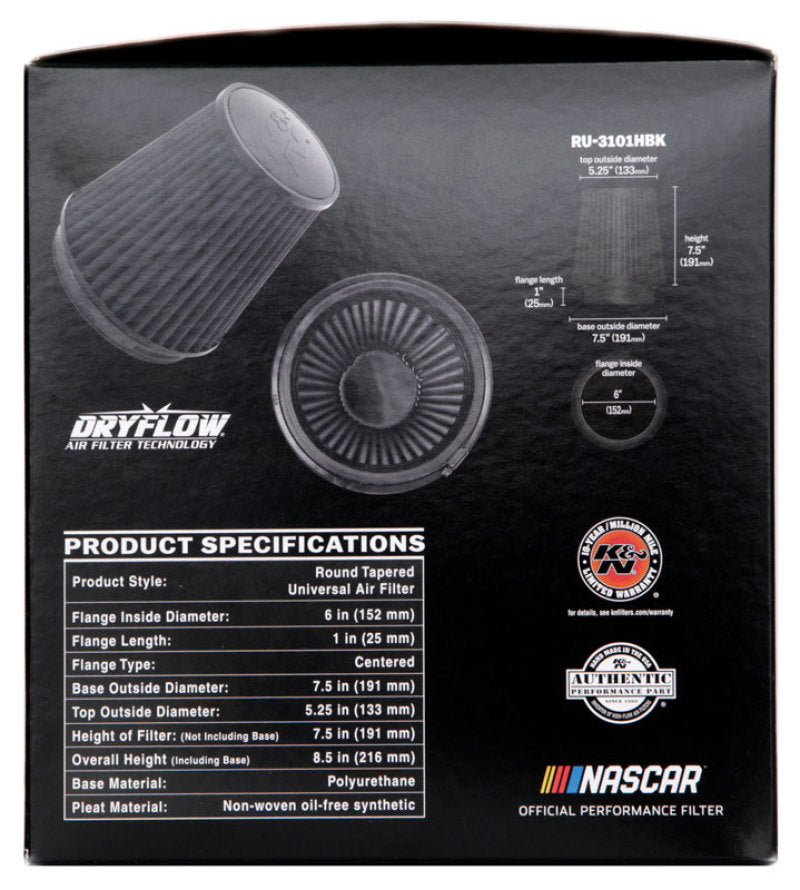 K&N Universal Rubber Filter Round Tapered 6in Flange ID x 7.5in Base OD x 5.25in Top OD x 8in Height K&N Engineering Air Filters - Universal Fit