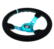 NRG Reinforced Steering Wheel (350mm/ 3in. Deep) Black Suede/ Teal Center Mark/ Teal Stitching NRG Steering Wheels