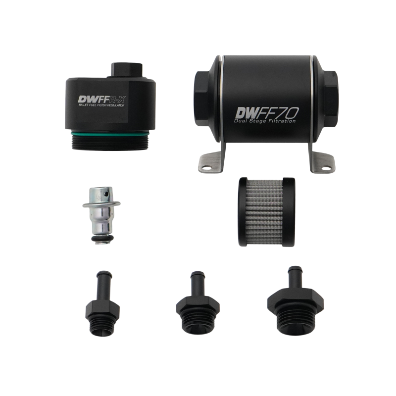 DeatschWerks DWFFR-X 70mm Billet Fuel Filter Regulator - 10 Micron with 5/16in Fittings DeatschWerks Fuel Pressure Regulators