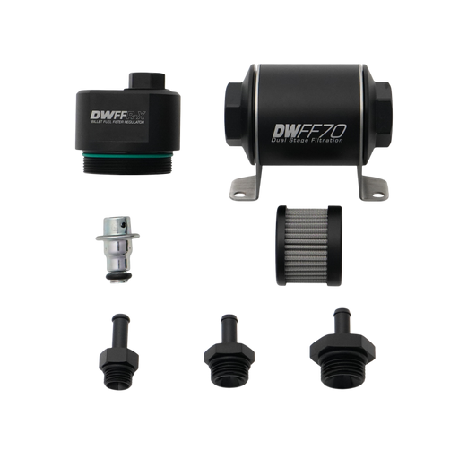DeatschWerks DWFFR-X 70mm Billet Fuel Filter Regulator - 10 Micron with 5/16in Fittings DeatschWerks Fuel Pressure Regulators