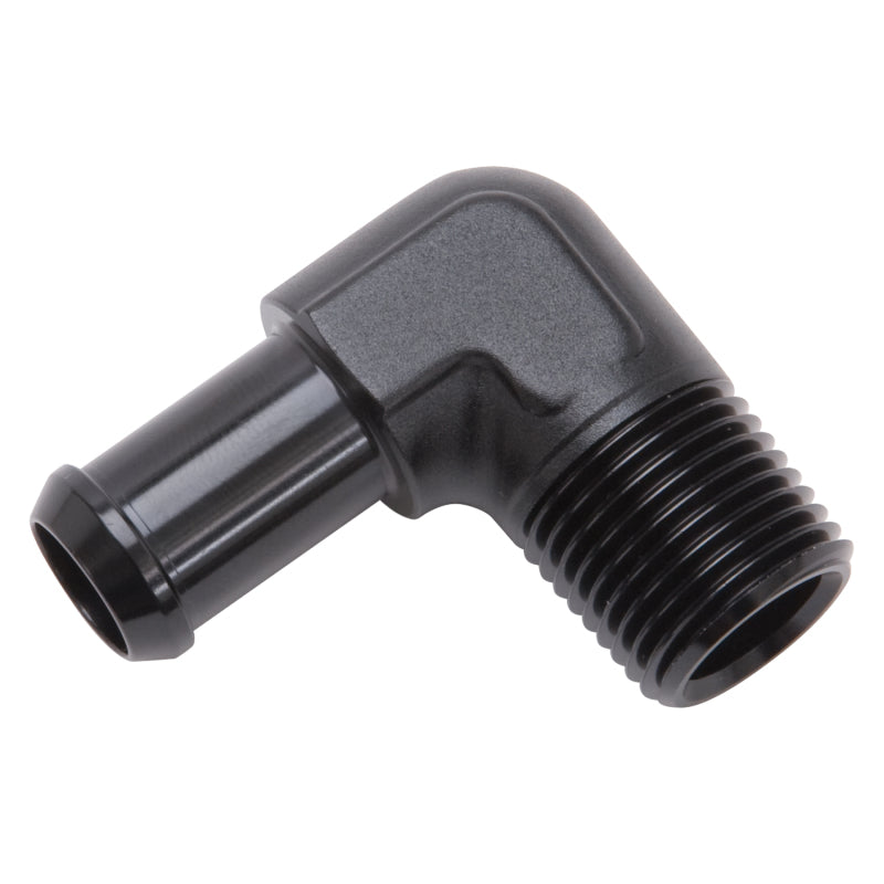 Edelbrock Hose End 90-Deg 1/2In NPT to 5/8In Barb Black Anodize Edelbrock Fittings