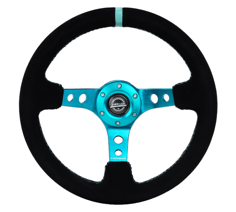 NRG Reinforced Steering Wheel (350mm/ 3in. Deep) Black Suede/ Teal Center Mark/ Teal Stitching NRG Steering Wheels