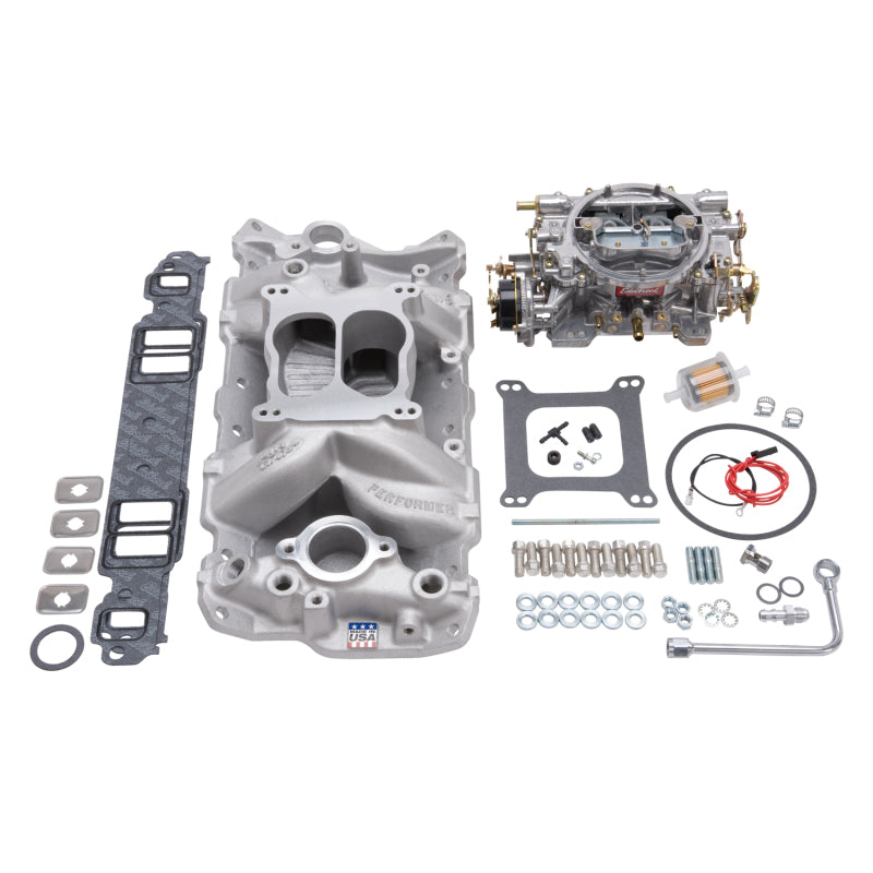 Edelbrock Manifold And Carb Kit Performer Air-Gap Small Block Chevrolet 1957-1986 Natural Finish Edelbrock Intake Manifolds